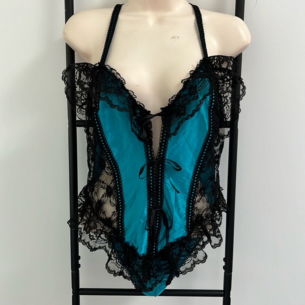 Vintage 80s Alana Gale Teal Black Lace Teddy Lingerie Polyester Women Size M
